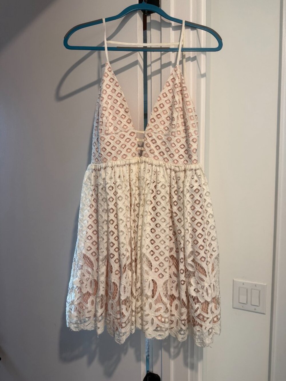 Revolve Lucy Paris Babydoll Dress in White Lace — Nude Lining (small) - Picture 3 of 5
